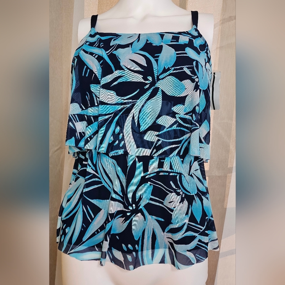Lands' End Tankini Top Black Blue Layered Mesh Women's Swim NWT XS
